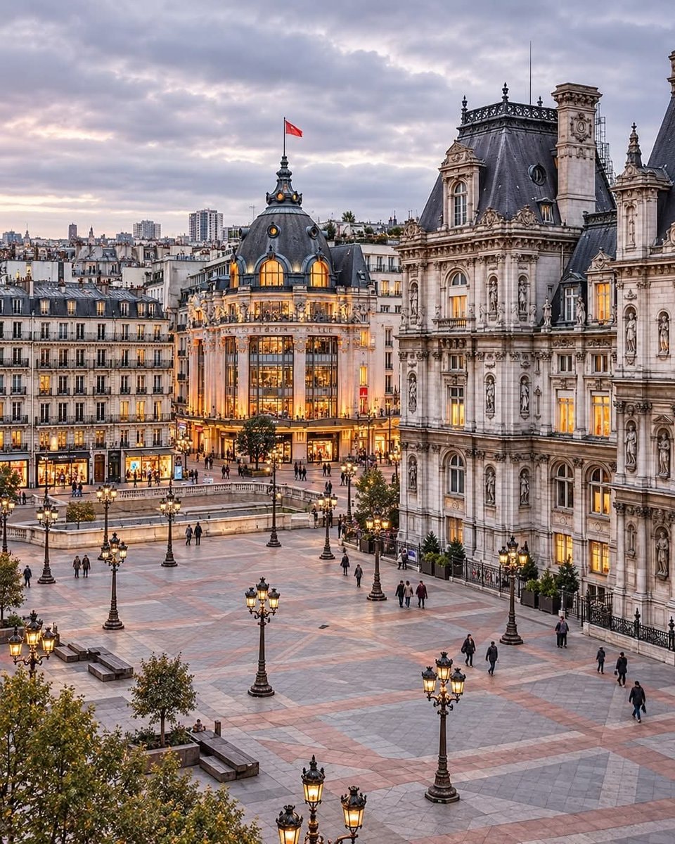 Paris France city square at dusk