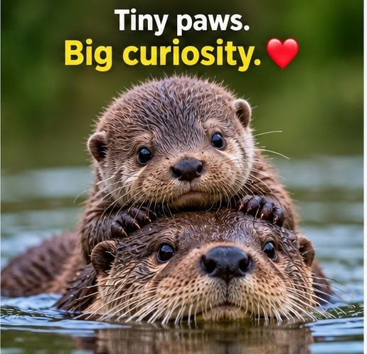 Baby otter peeking over adult otter