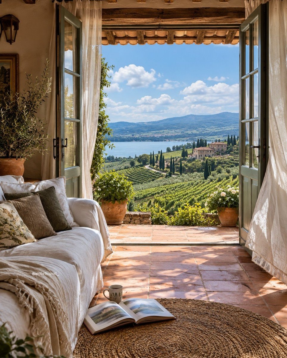 Tuscan countryside view from the sofa