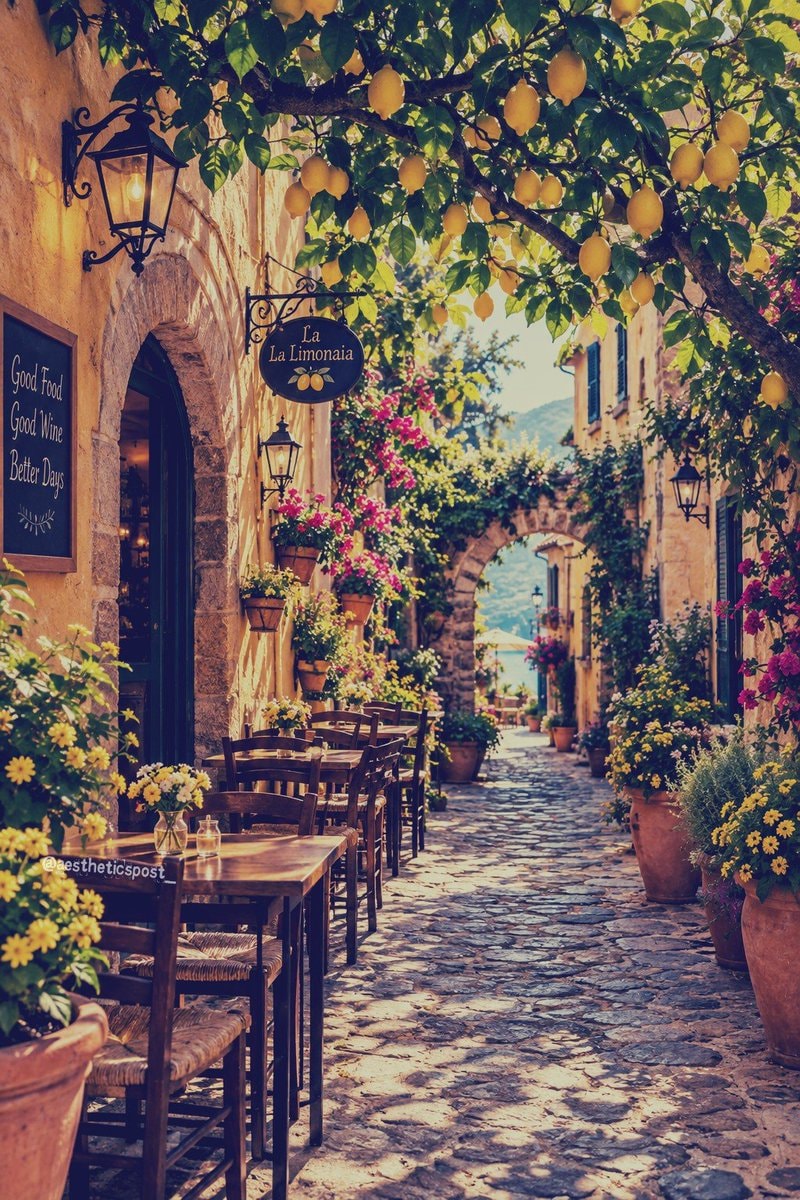 restaurant seating under lemon trees