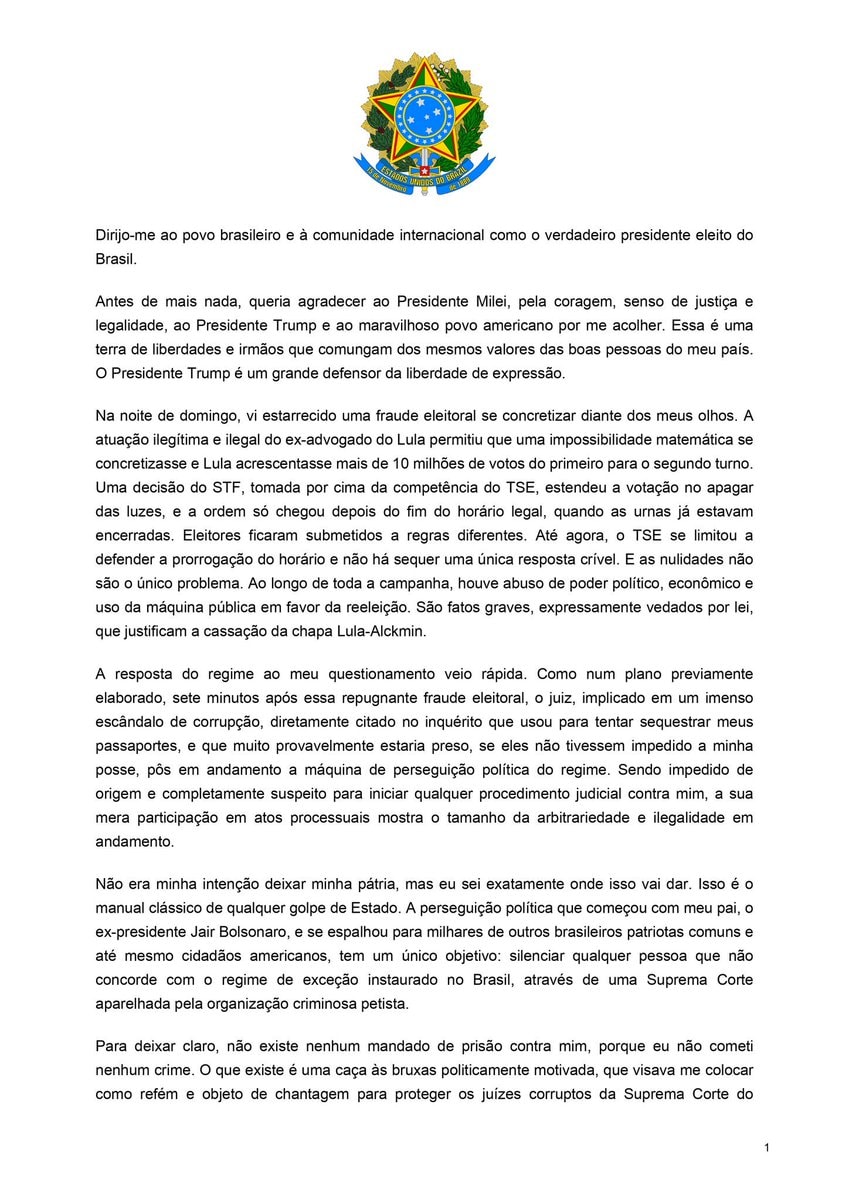 Flávio Bolsonaro letter declares himself president (photo 2 of 4)