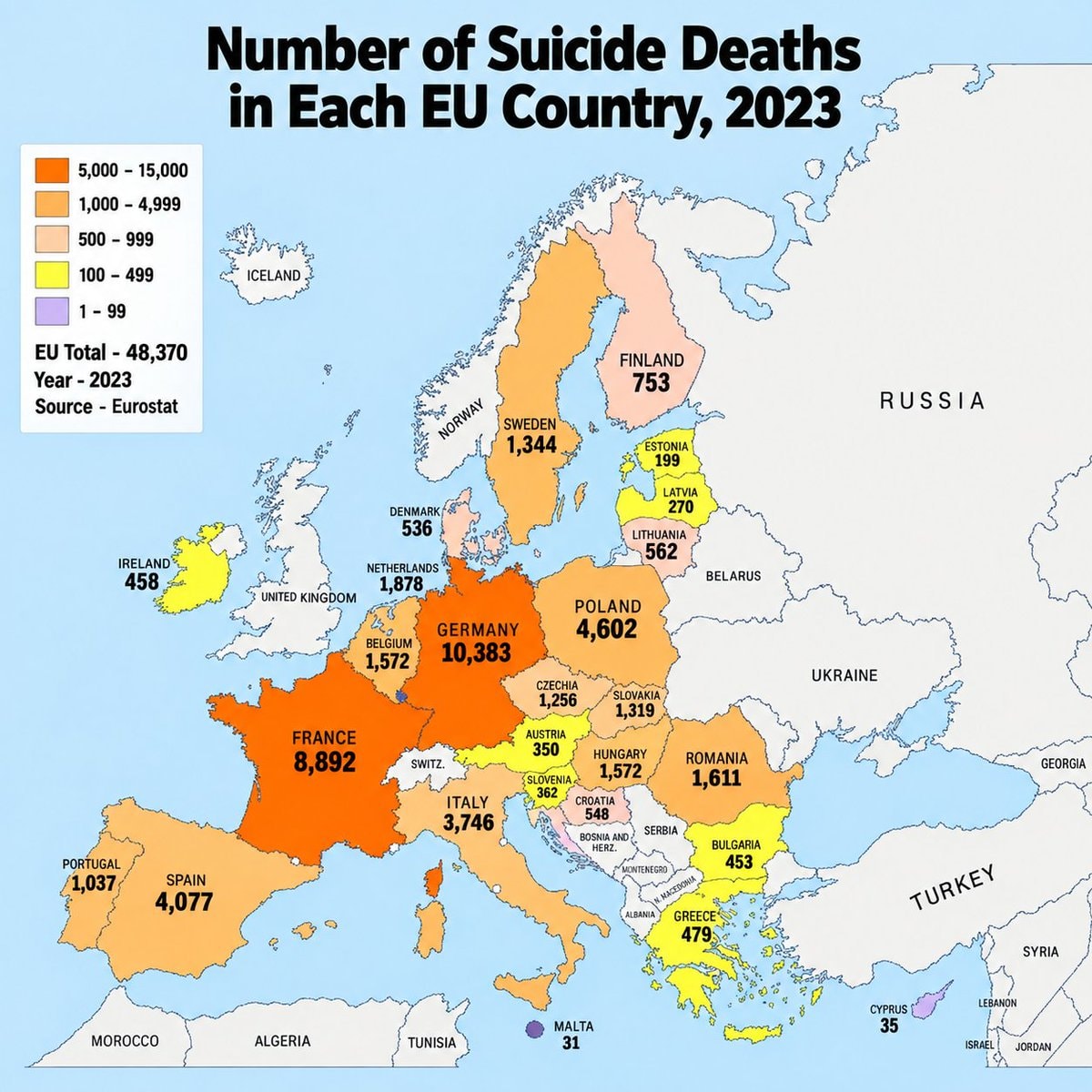 EU Suicide Deaths by Country Eurostat