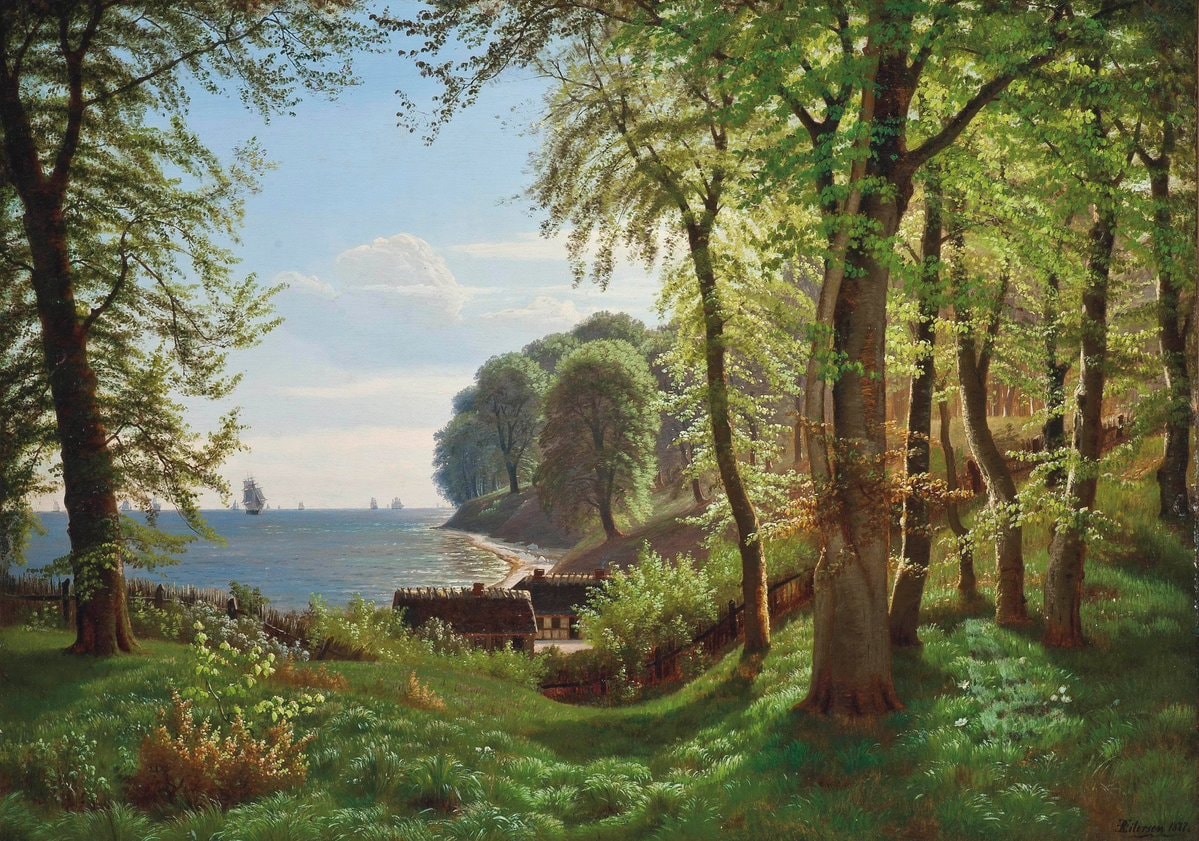 coastal painting with sailboats and cottages (photo 2 of 3)