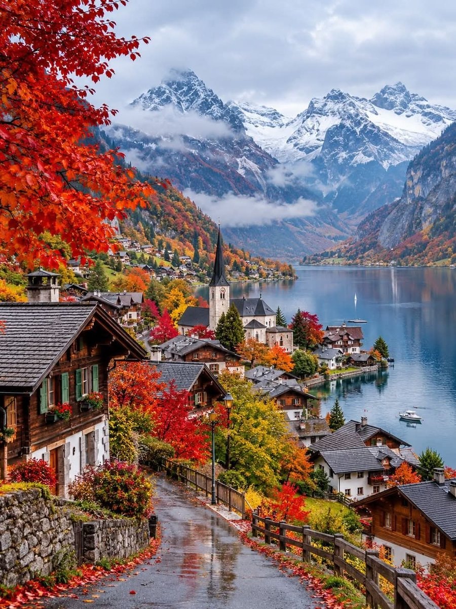 Austria lake village and mountains