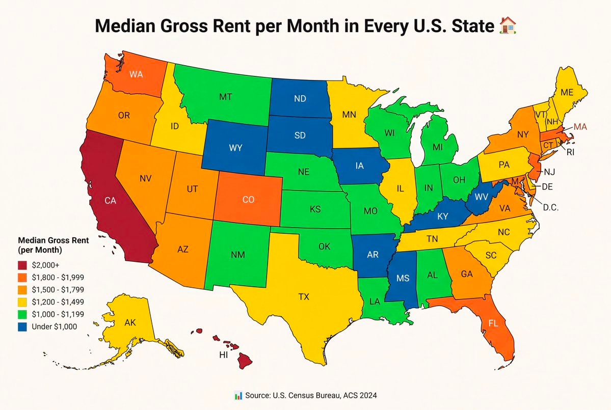 median gross rent by u.s. state