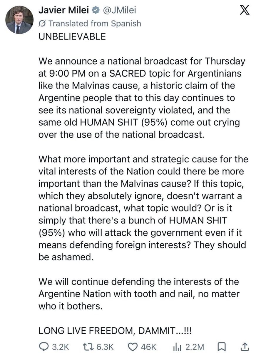 Javier Milei Falkland Islands broadcast
