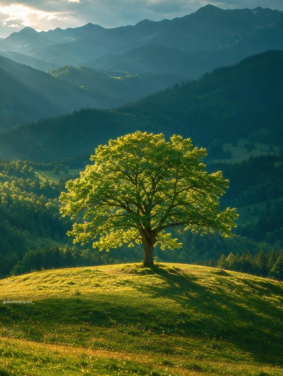 solitary vibrant green tree on grassy hilltop