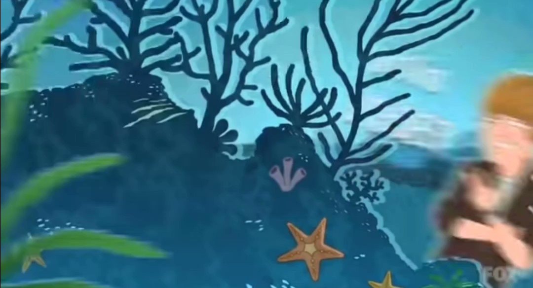 cartoonish underwater scene with coral