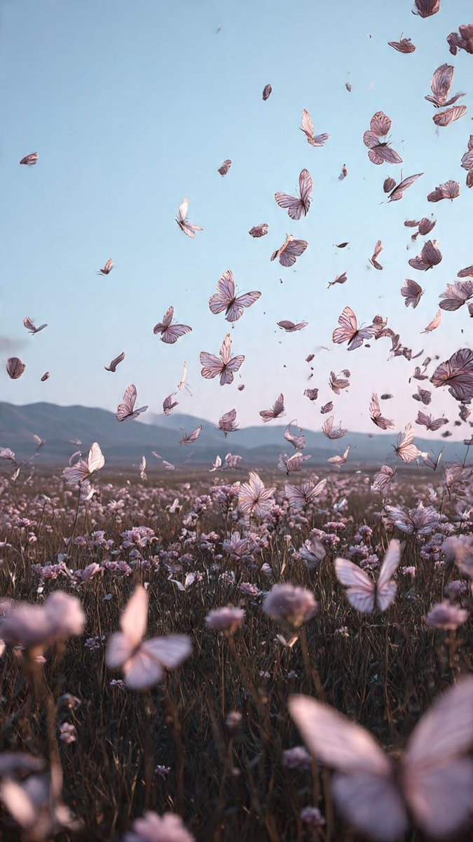 Light pink butterflies in a flower field