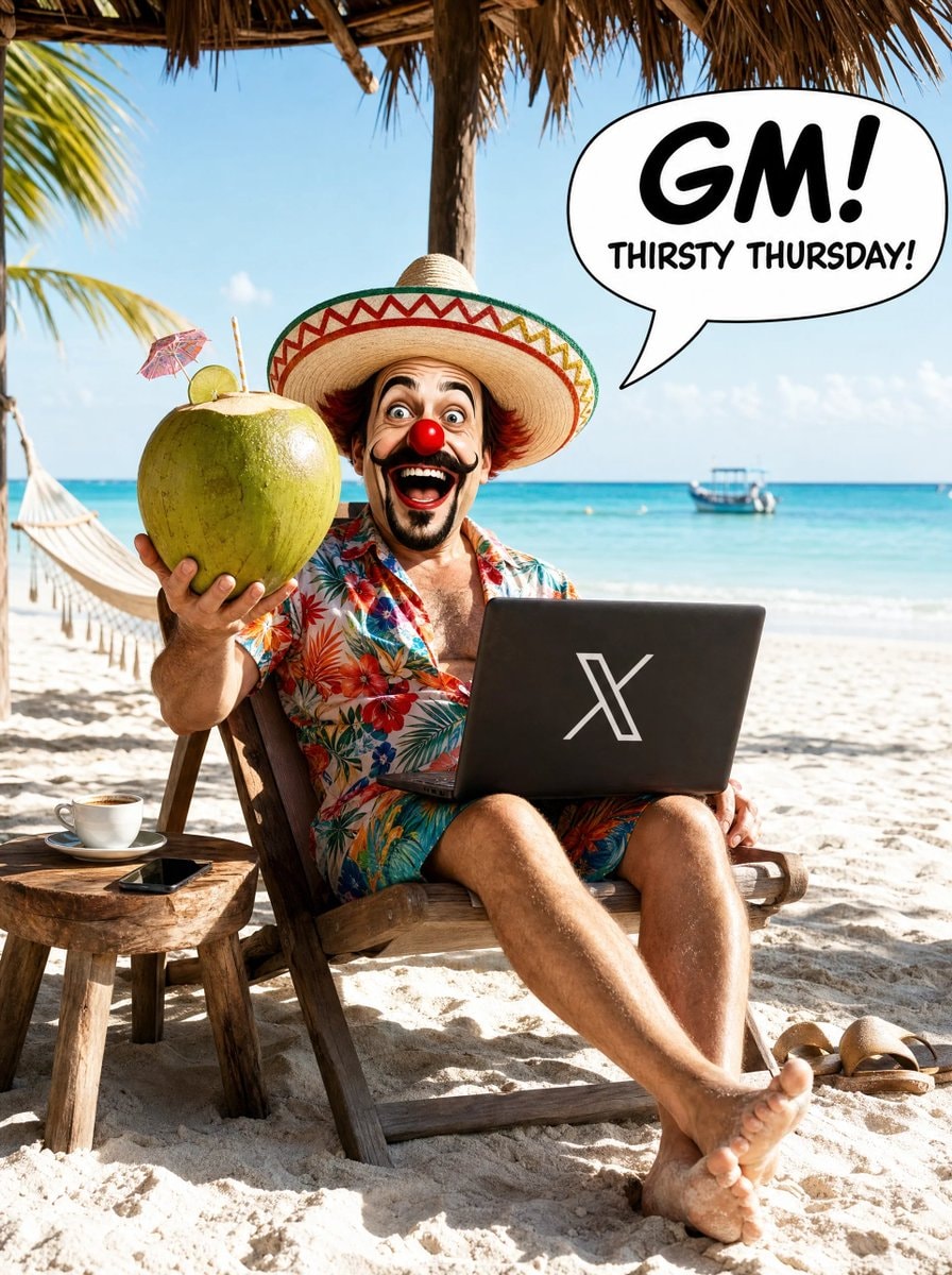 clown in sombrero on beach chair