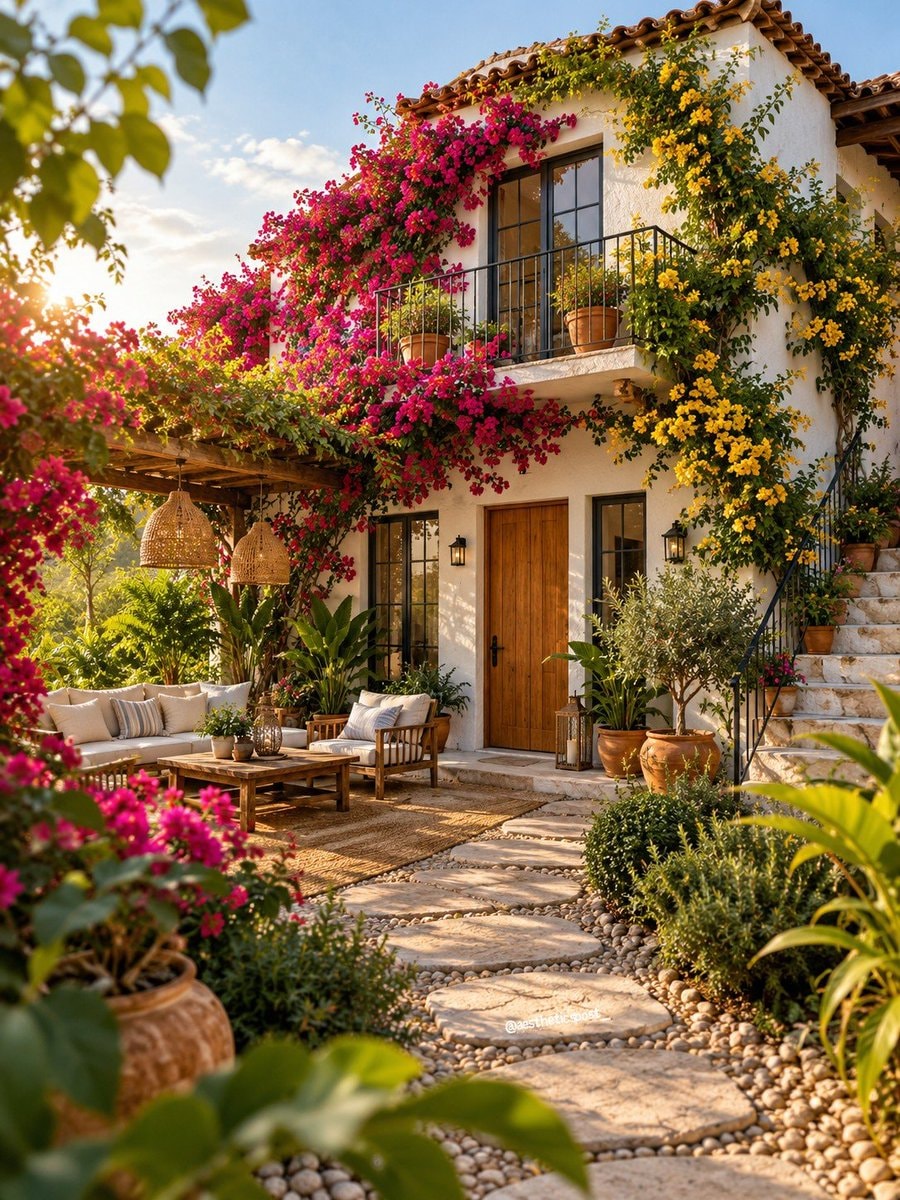 Mediterranean patio with bougainvillea