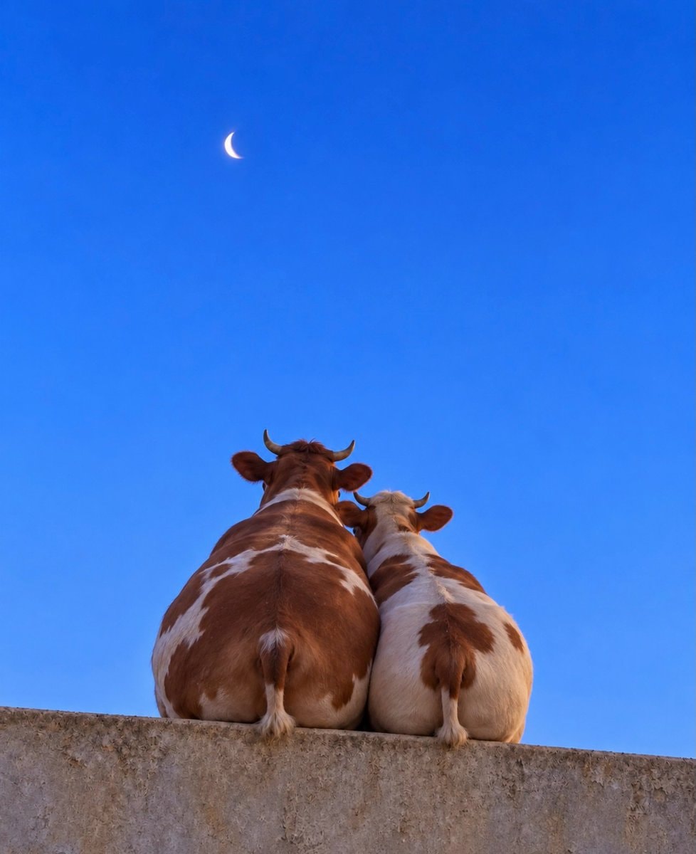 Two cows on a wall