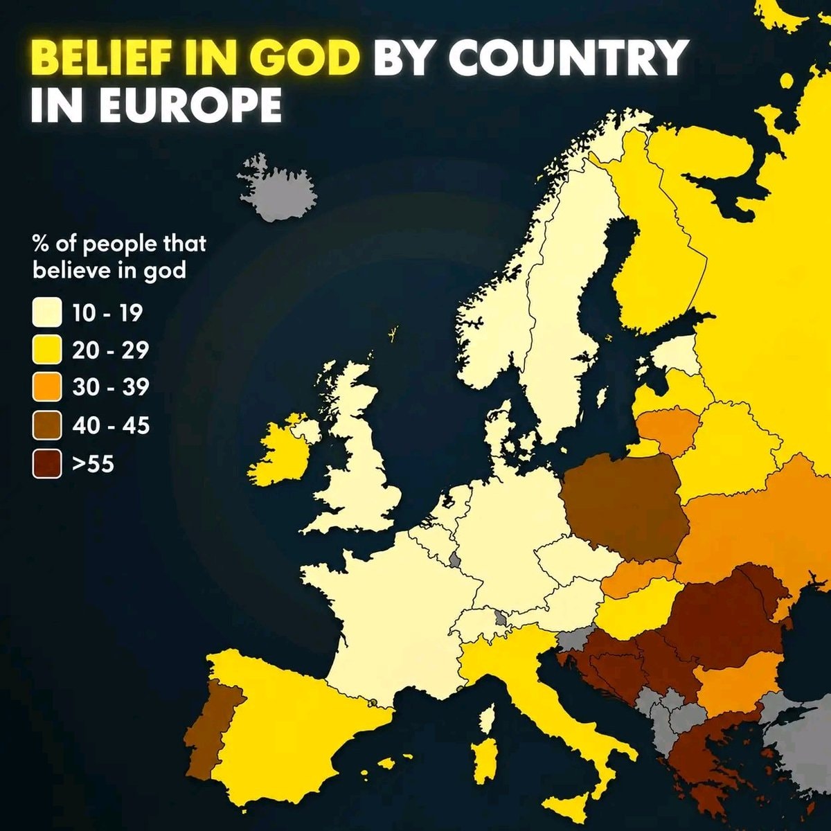 BELIEF IN GOD BY COUNTRY IN EUROPE