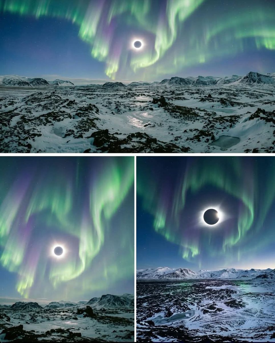 Solar eclipse and aurora borealis over Iceland