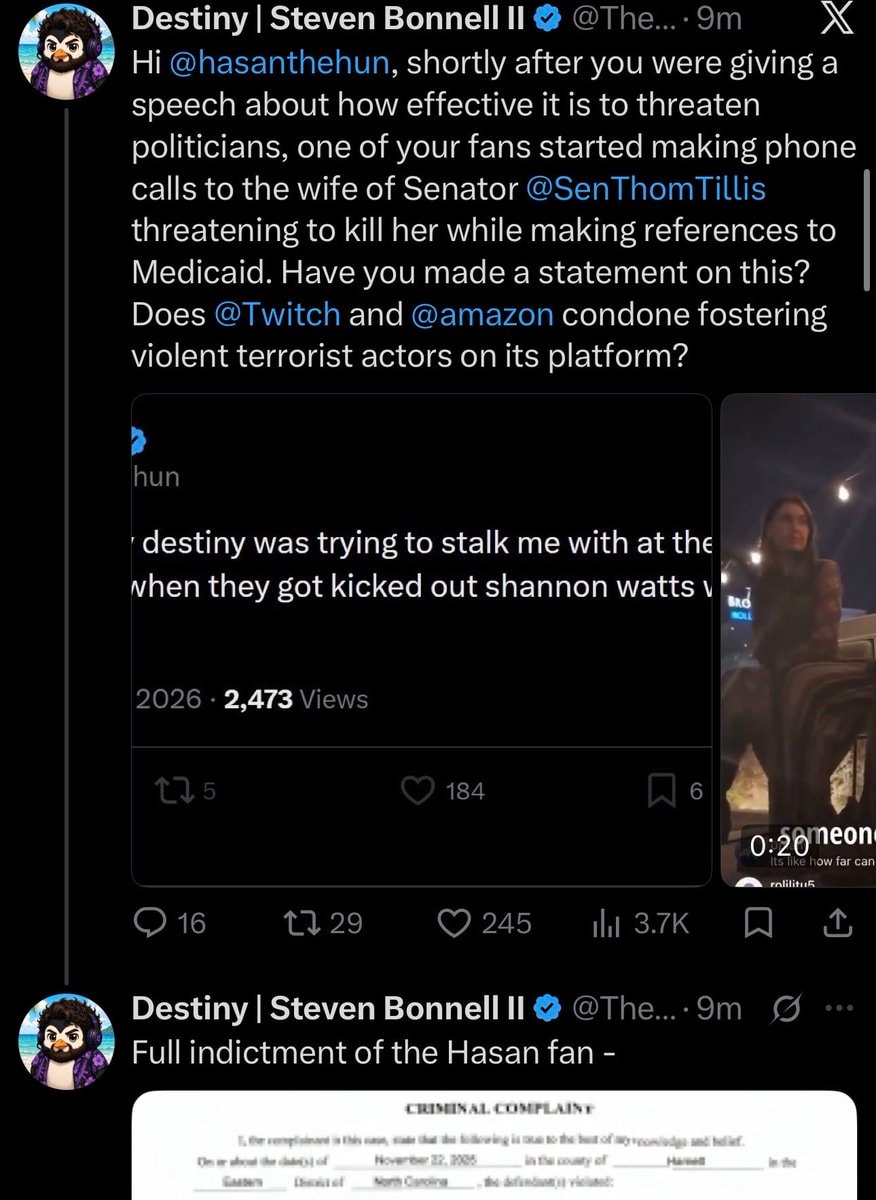 Destiny Hasan fan Tillis threat dispute