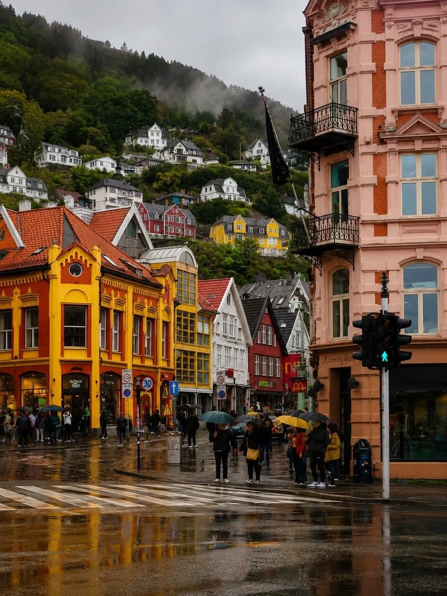 Bergen Norway rainy street scene