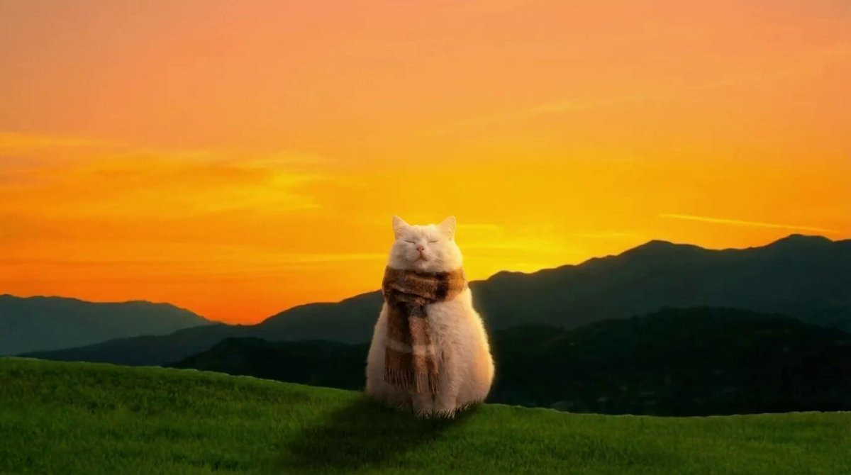 Fluffy White Cat Striped Scarf Sunset