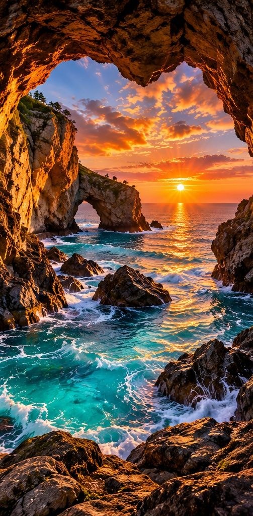 Coastal rock arch sunset glow