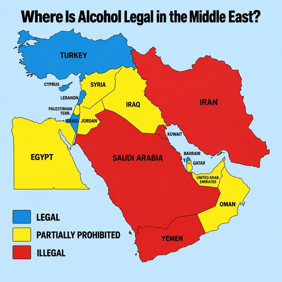 Alcohol legality map Middle East