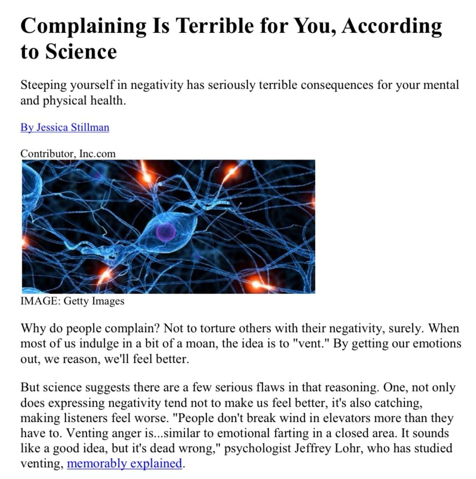Complaining rewires your brain, per Jessica Stillman