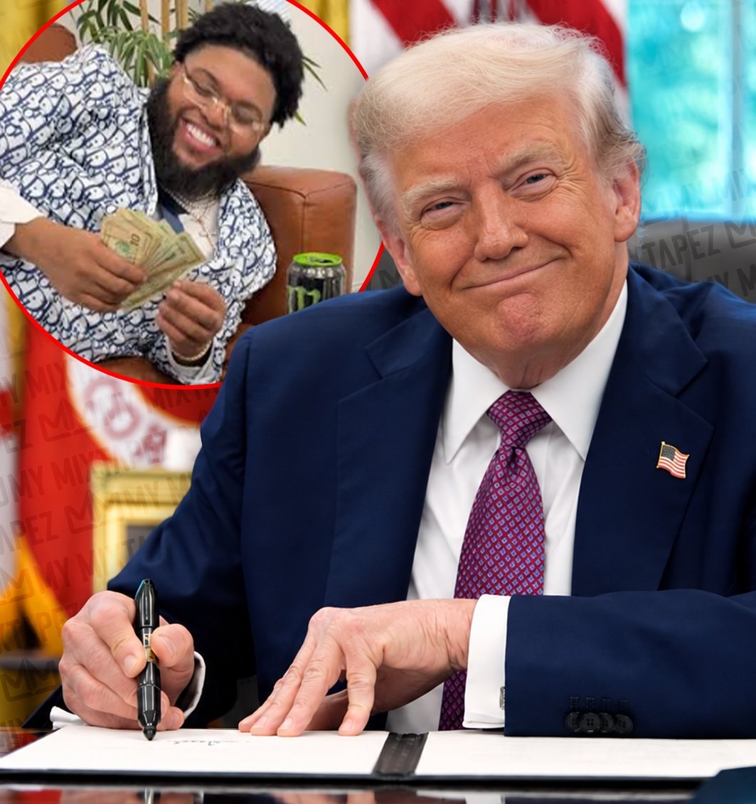 Trump signing document with cash inset