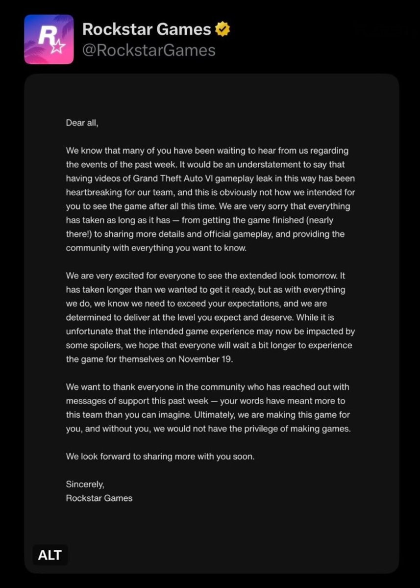 Rockstar Games addresses GTA 6 leaks (photo 1 of 2)