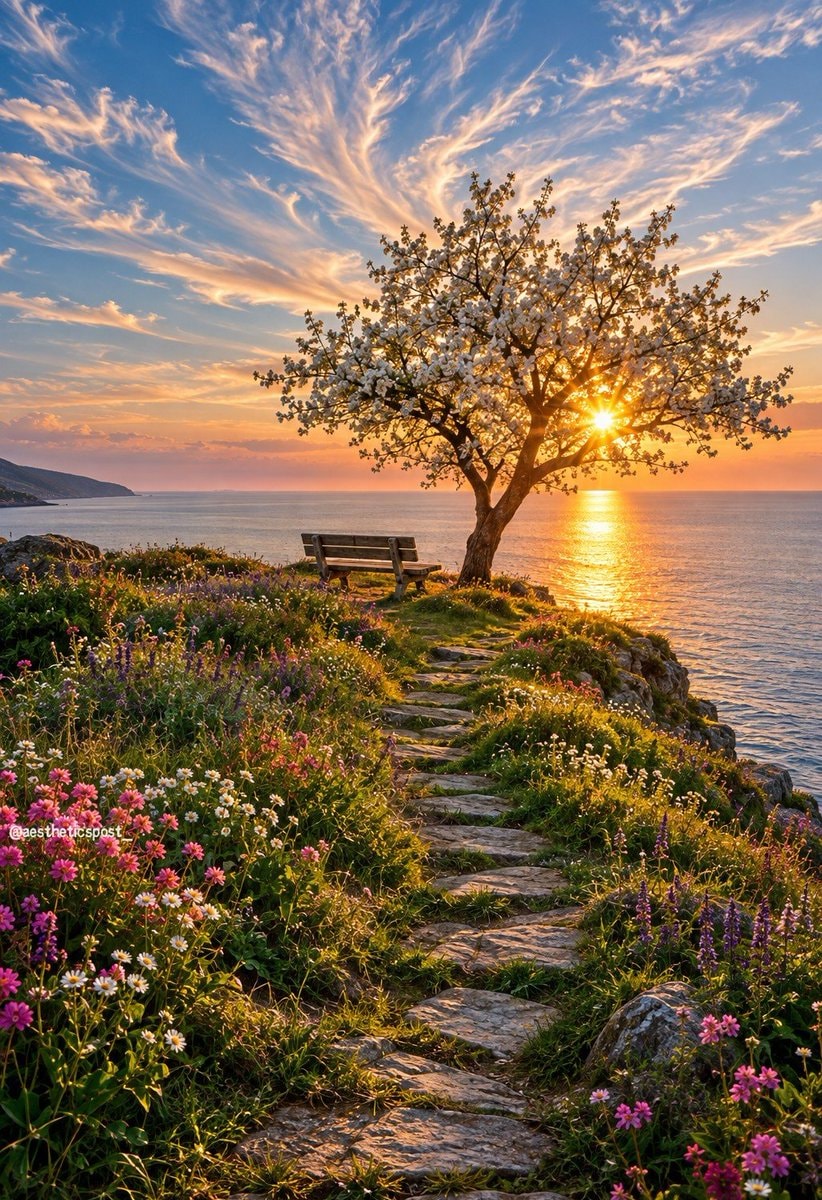 blooming tree on cliff at sunset