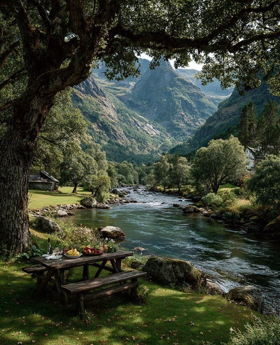 Picnic by the river with mountains