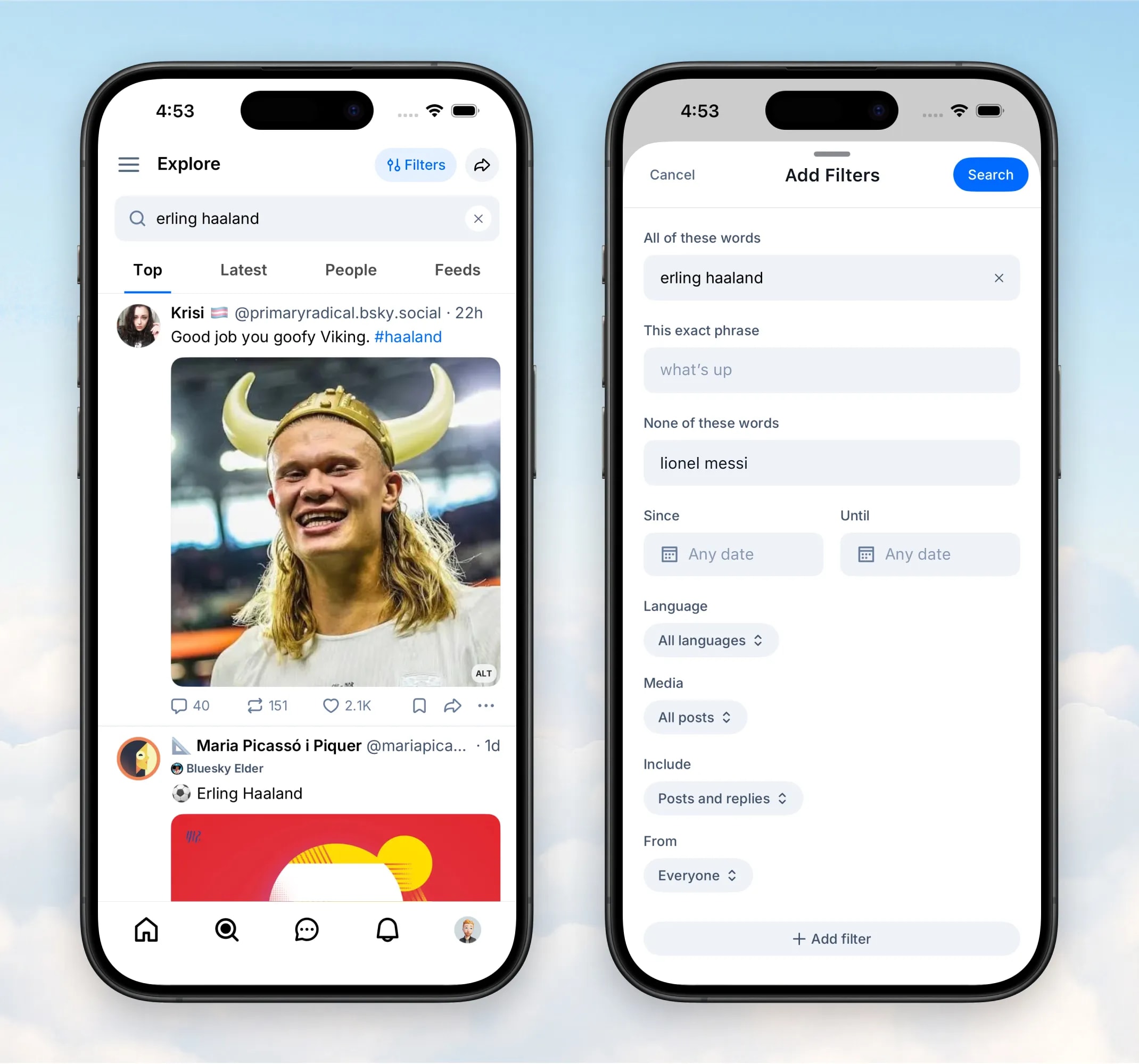 Bluesky v1.127 search filters update
