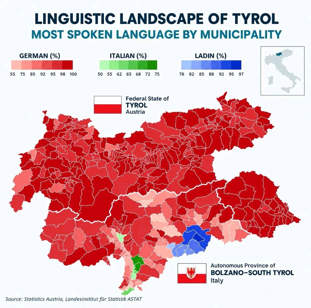 Tyrol linguistic map by municipality
