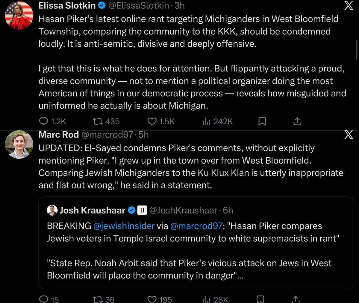 Slotkin and El-Sayed condemn Piker