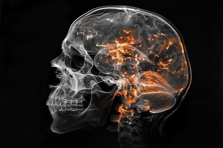 glowing brain in transparent skull