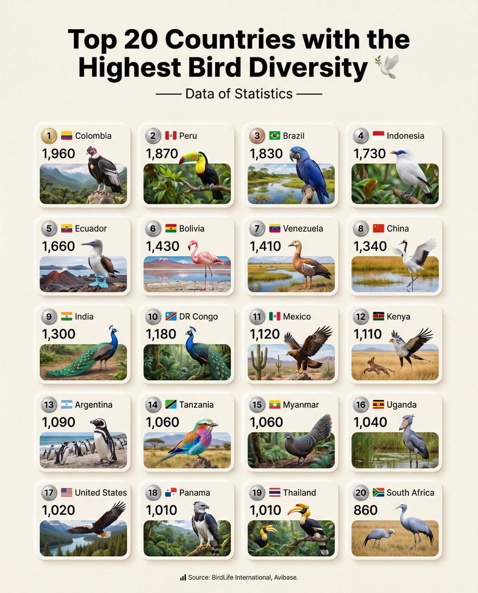 Top 20 Countries Bird Diversity Stats Top 20 Countries Bird Diversity Stats