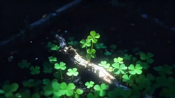 four-leaf clovers on log