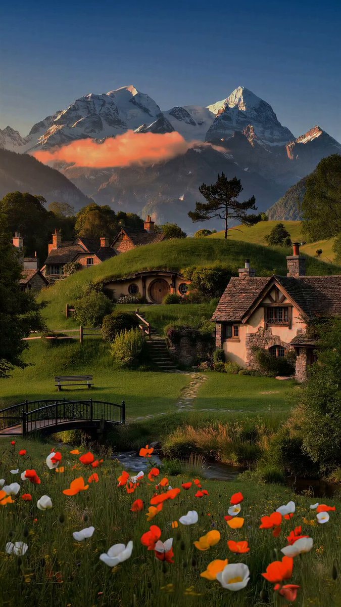 hobbit village in a flower field
