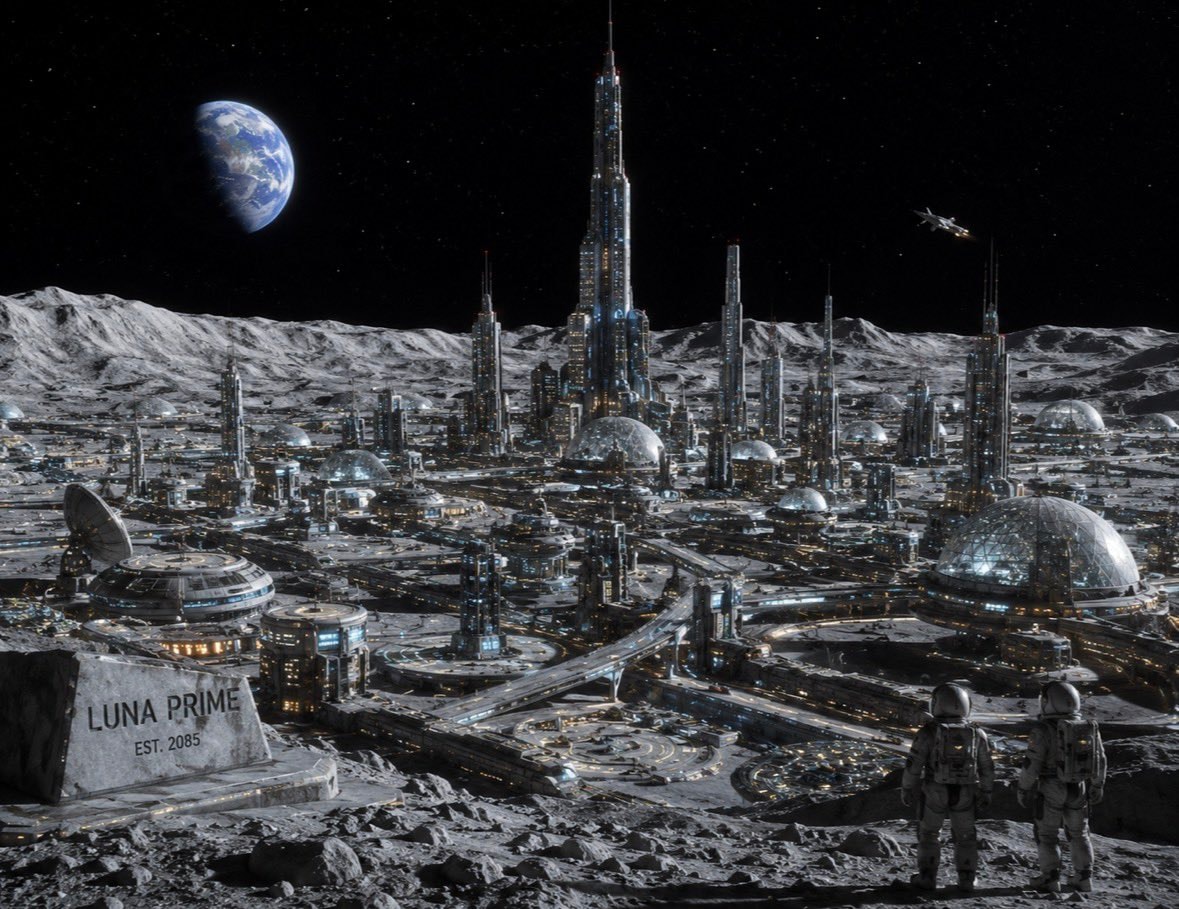Luna Prime Est. 2085 moon city concept