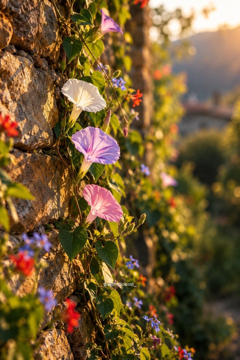 stone wall morning glories golden hour