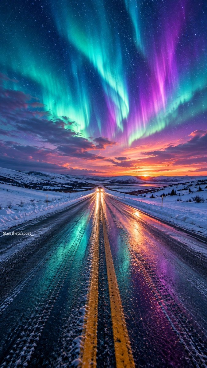 aurora borealis over winter road