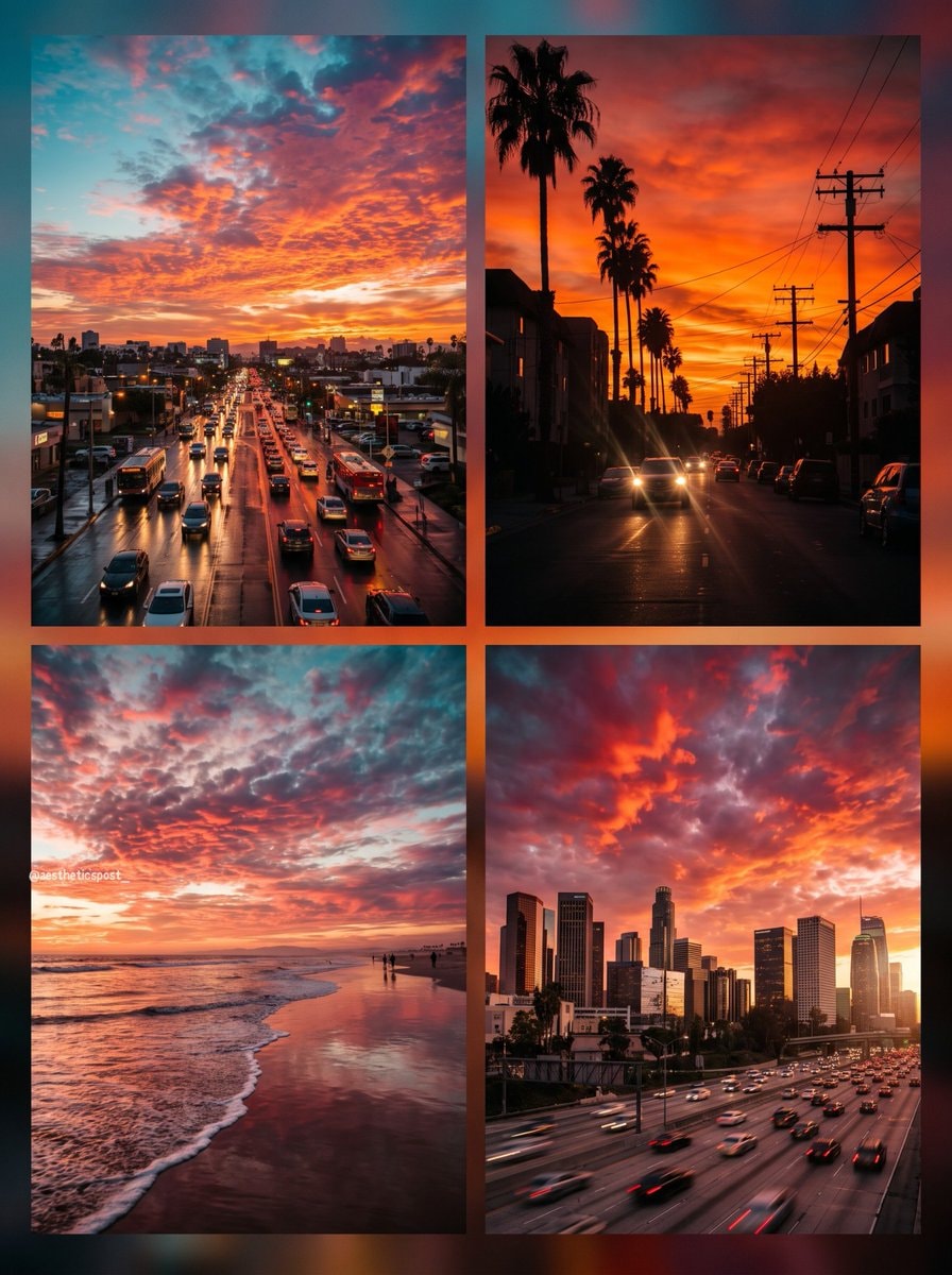 dramatic sunsets over urban landscapes and a beach