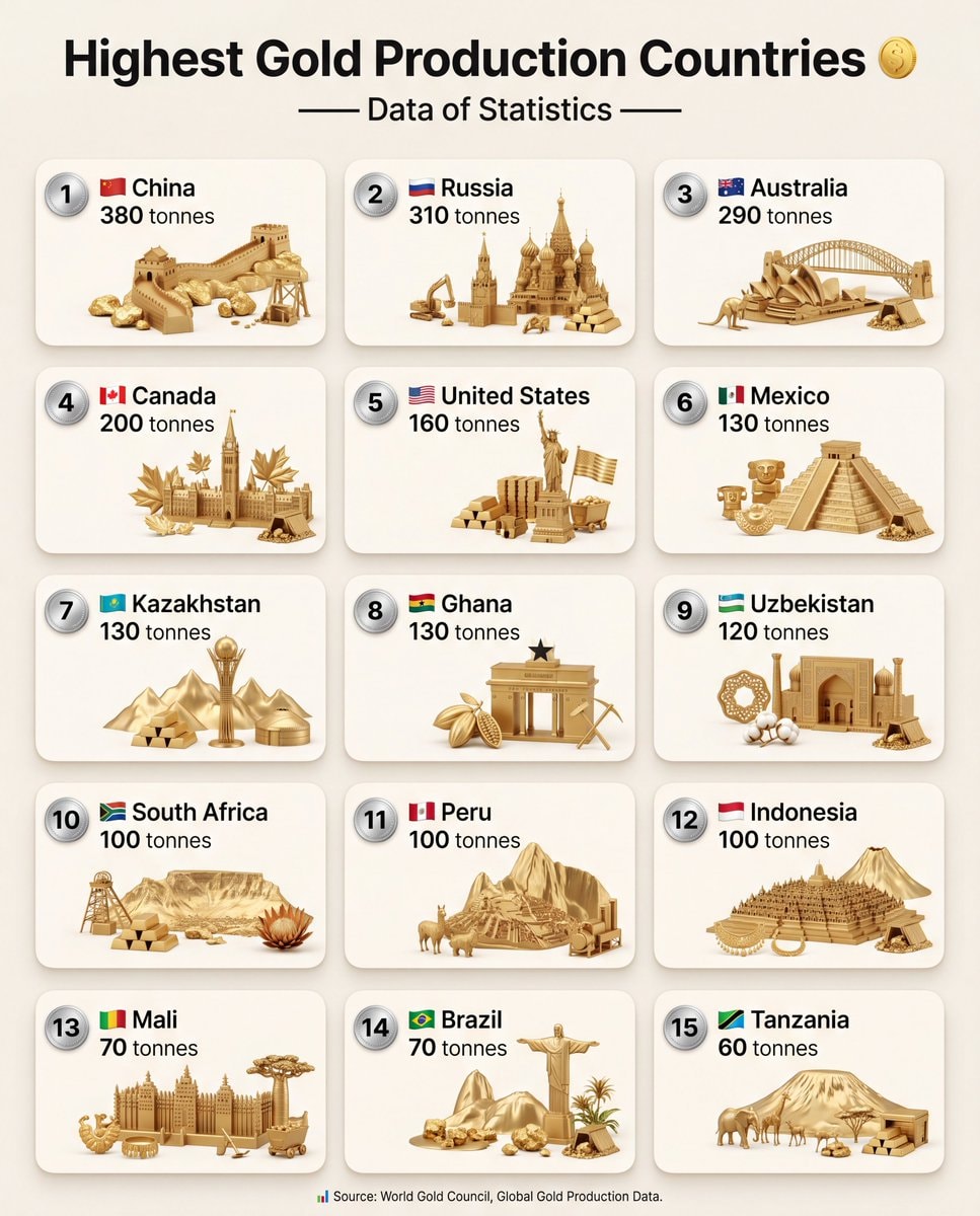 Top 15 gold producing countries