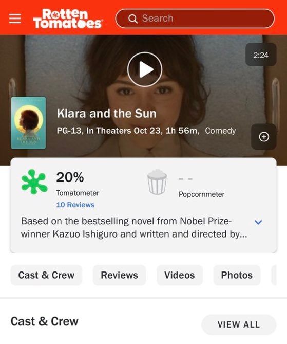 Klara and the Sun Rotten Tomatoes score