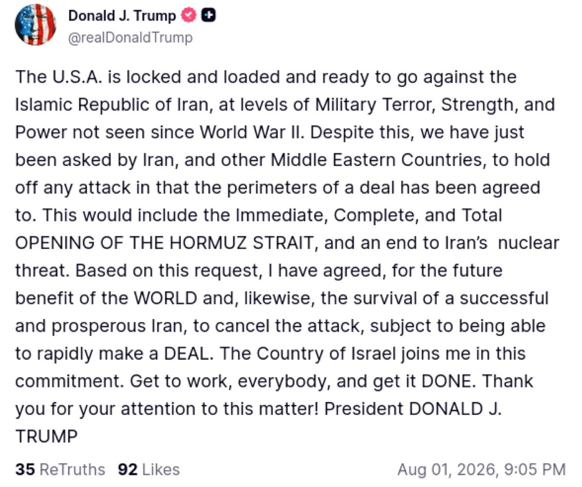 Trump Truth Social Iran agreement