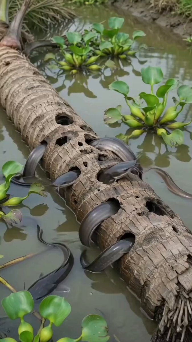 baim fish and eel in coconut tree trunk