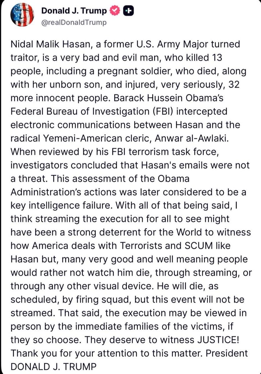 Trump confirms Nidal Hasan execution livestream status Trump confirms Nidal Hasan execution livestream status
