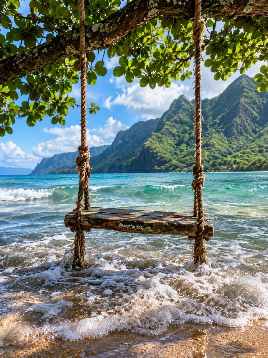 rustic wooden swing over beach