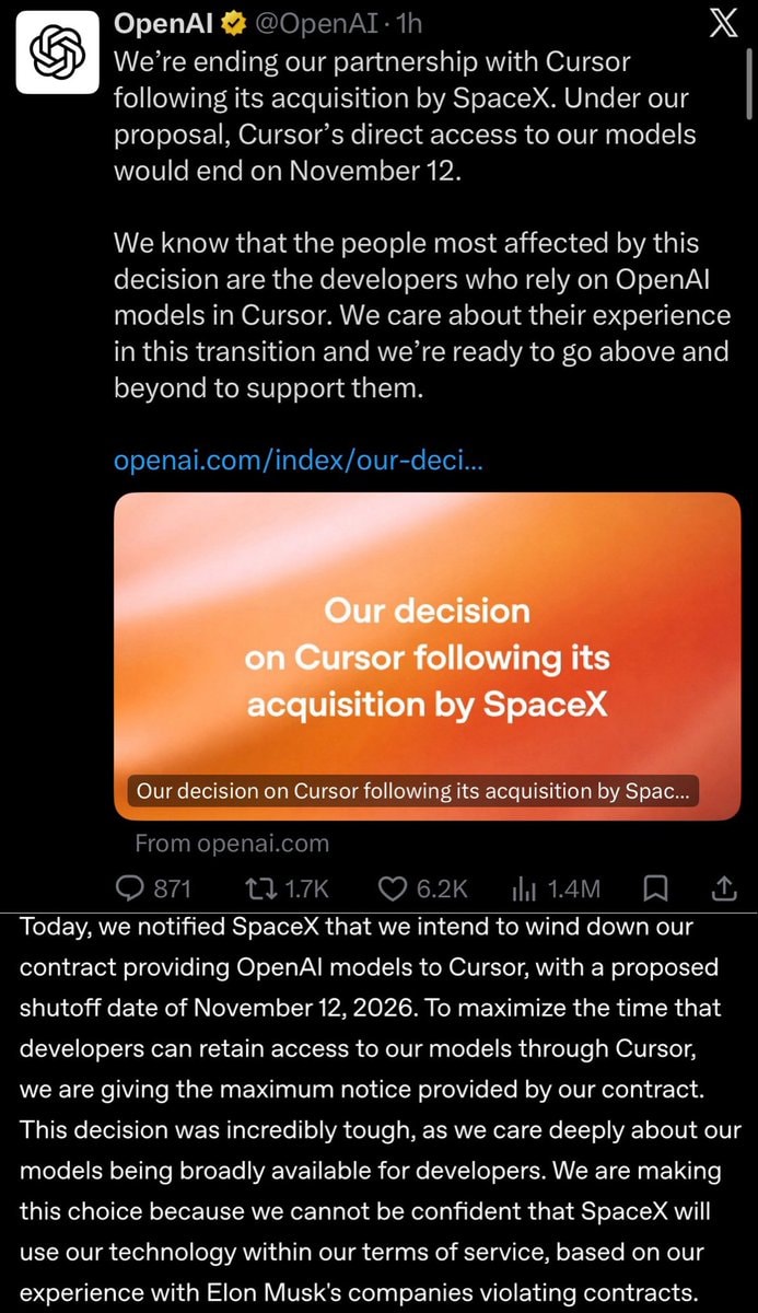 OpenAI ends Cursor partnership after SpaceX acquisition OpenAI ends Cursor partnership after SpaceX acquisition