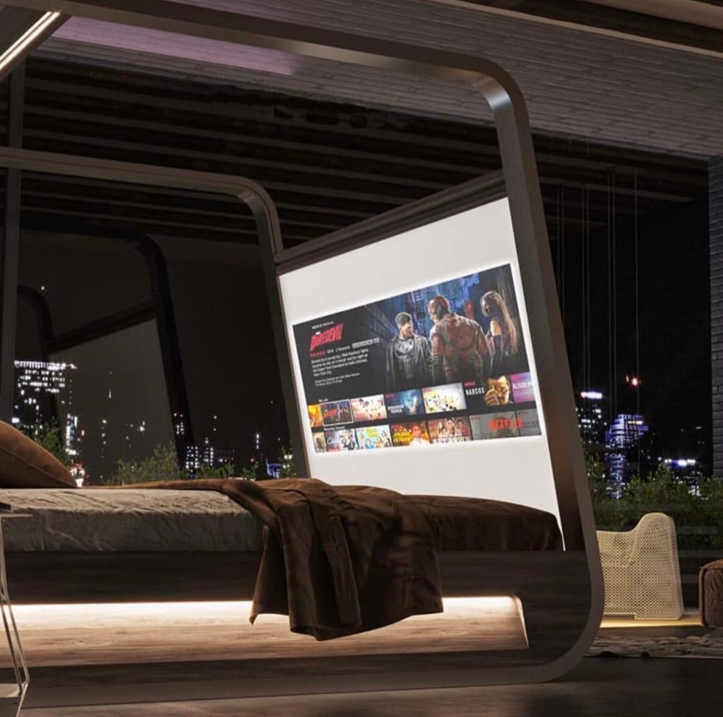 Modern bedroom with city skyline view (photo 2 of 2)