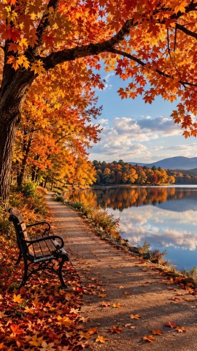 autumn lake and leaf-lined path