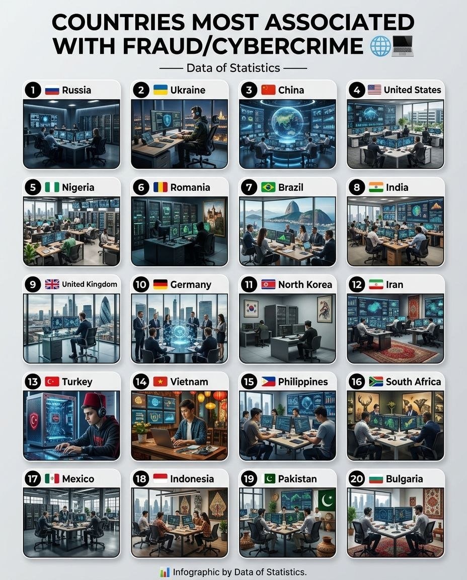 Countries most associated with fraud and cybercrime