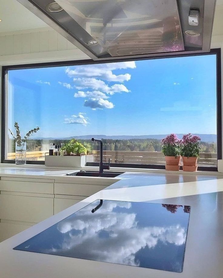 Kitchen with panoramic window view Kitchen with panoramic window view